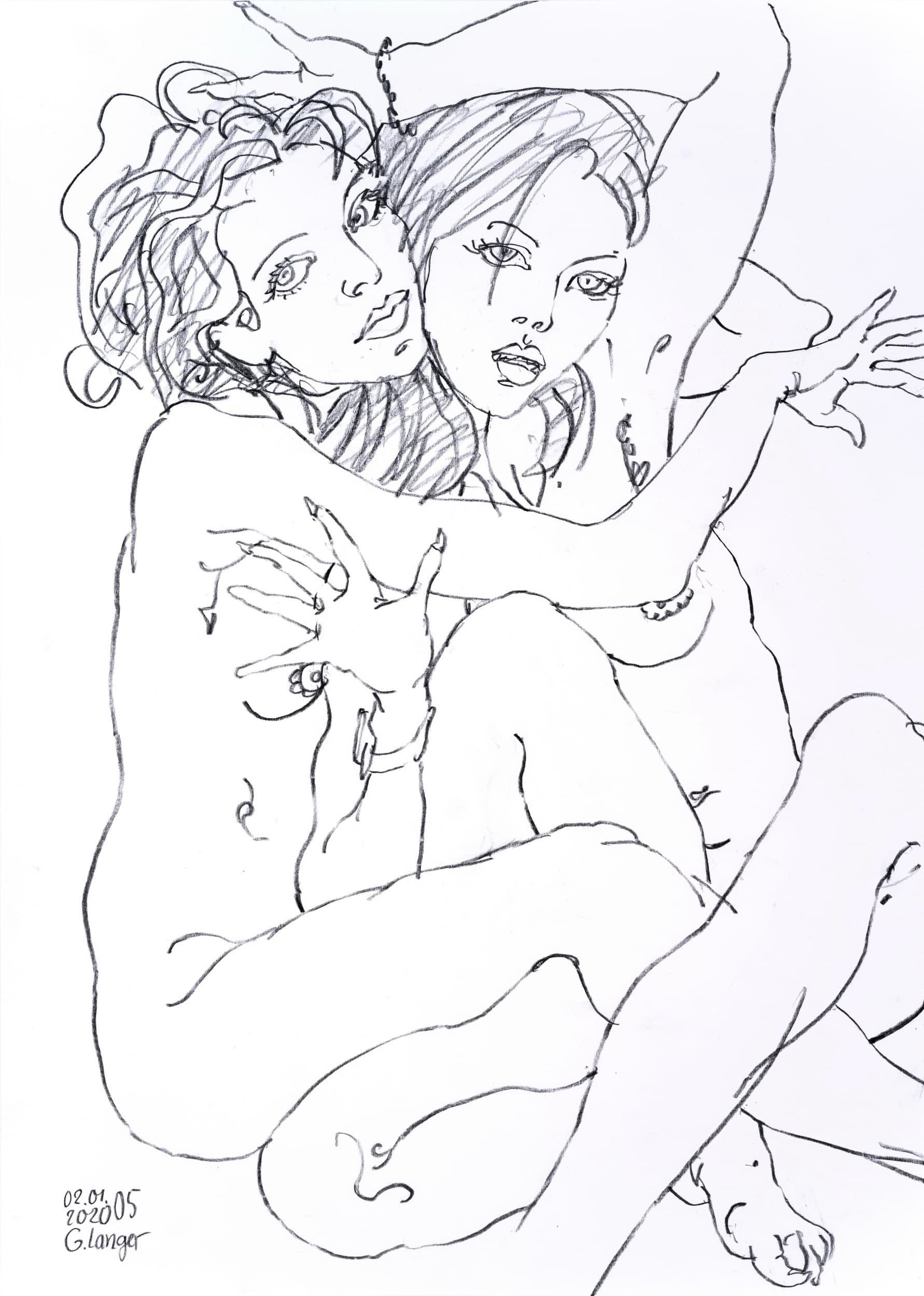 Gunter Langer, Zwei sitzende Mädchenakte, Freundinnen, Lichtspiele, 2020, Bleistiftzeichnung, Karton, 70 x 50 cm